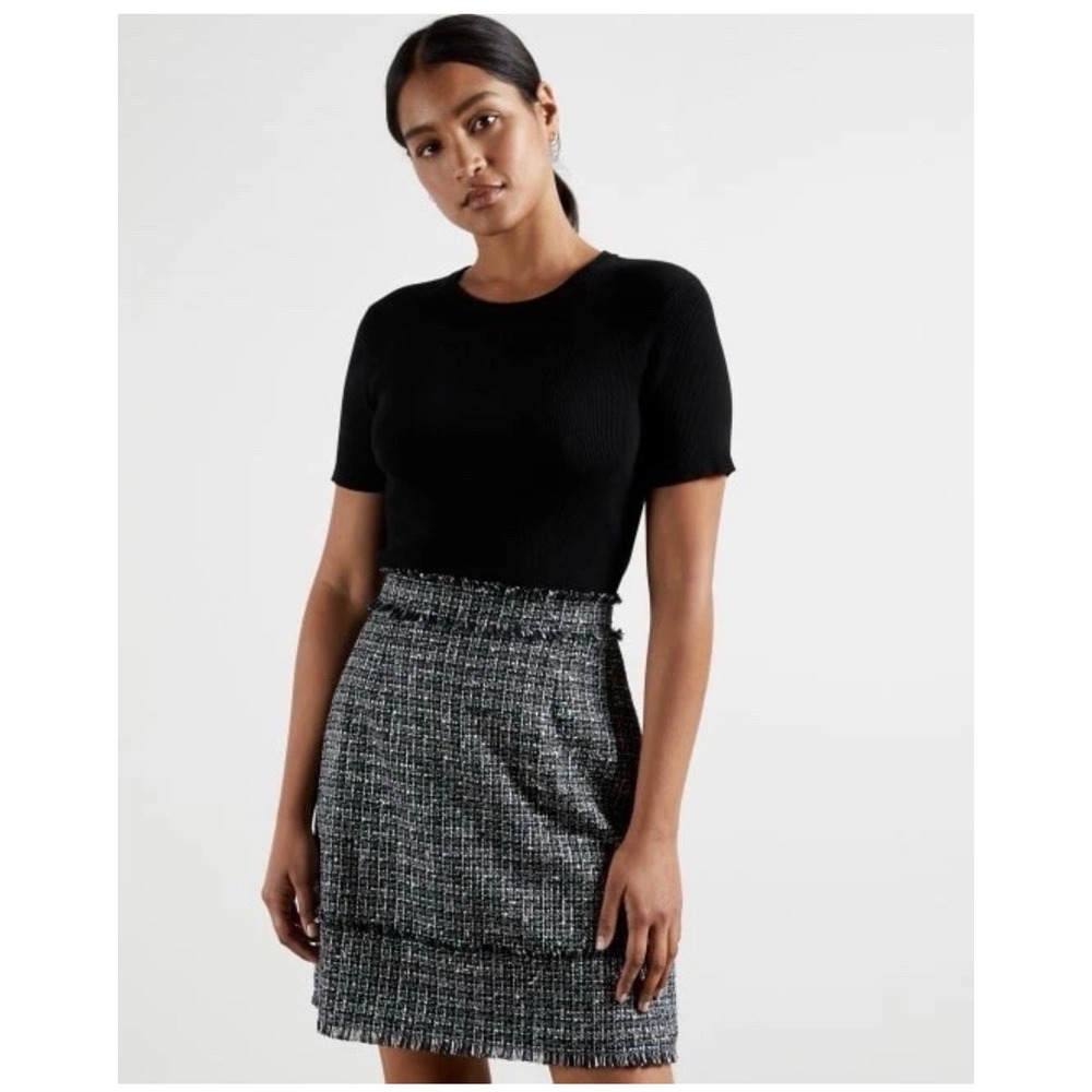 Ted Baker Klaudid Metallic Tweedy Boucle Mockable A-Line Dress Size 3 ribbed top